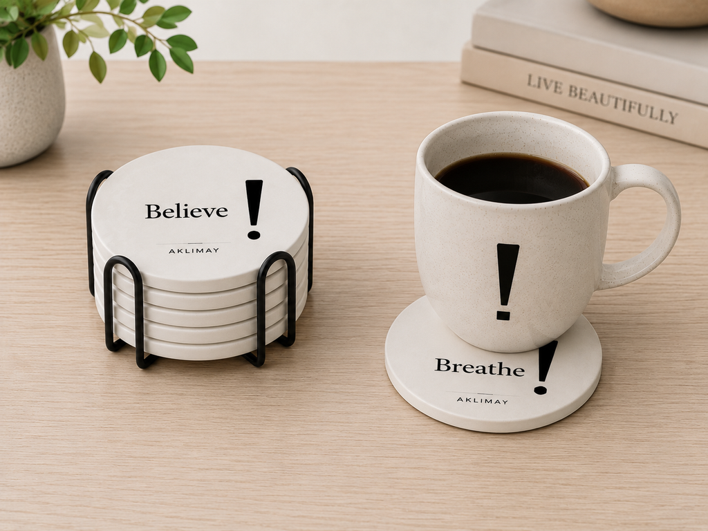 The ! Collection – Set of 6 Inspirational Coasters with Holder (English)