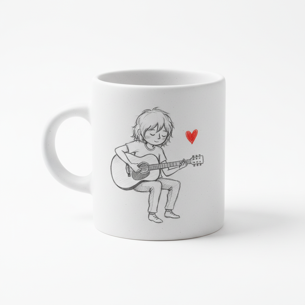 Taza con guitarrista a lápiz